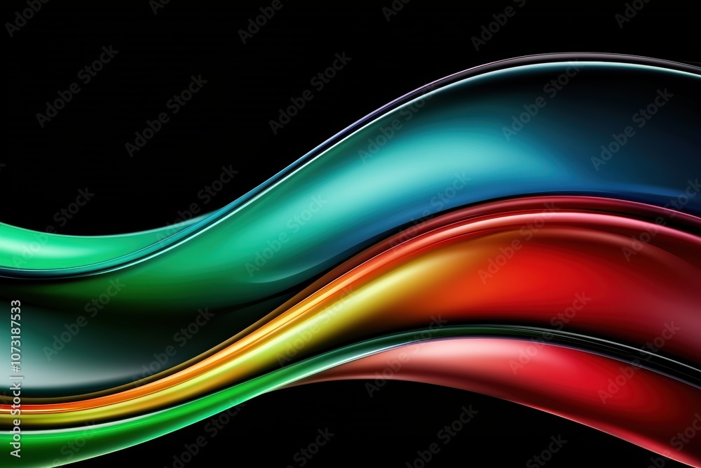 A vibrant abstract design featuring flowing waves in green, blue, yellow, and red against a black background. A vibrant abstract design featuring flowing waves in green, blue, yellow, and red against a black background.
