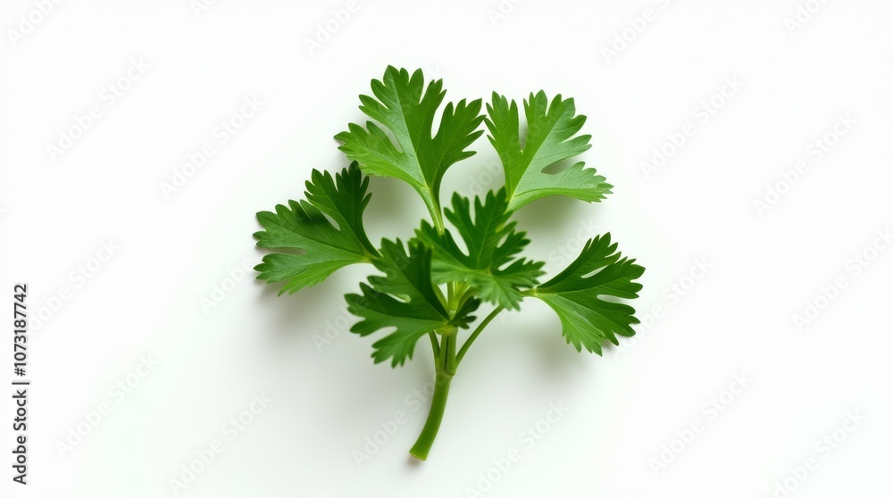 Fototapeta premium Fresh Parsley sprig on white background, showcasing vibrant green and aromatic leaves