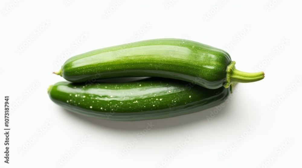 Two fresh zucchinis on a white background, showcasing their vibrant green color Two fresh zucchinis on a white background, showcasing their vibrant green color