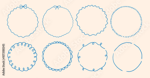 Circle whimsical wavy scallop frame with bow tie in doodle trendy style. Border with elegant outline loop for greeting cards.