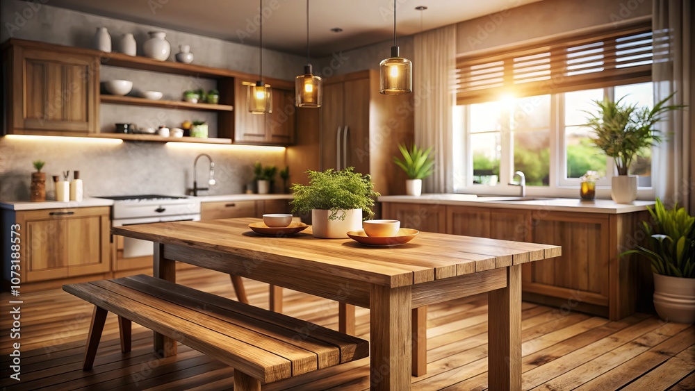 Candid Photography of a Wooden Table Set Against a Blurred Kitchen Background - An Inviting Interior Space for Home Decor Inspiration Candid Photography of a Wooden Table Set Against a Blurred Kitchen Background - An Inviting Interior Space for Home Decor Inspiration