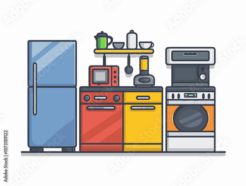 Kitchen interior with fridge, stove and oven. Vector illustration.