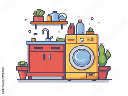 Kitchen interior with fridge, stove and oven. Vector illustration.