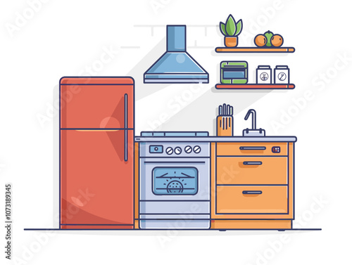 Kitchen interior with fridge, stove and oven. Vector illustration.