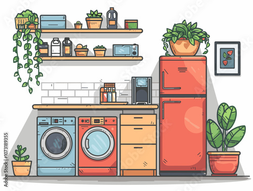 Kitchen interior with fridge, stove and oven. Vector illustration.