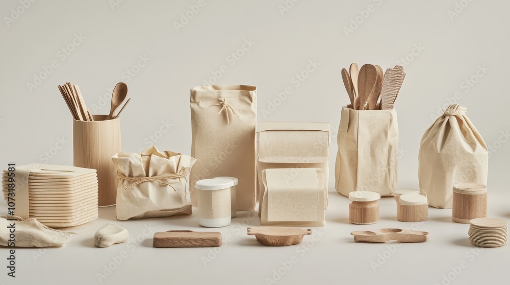 Eco-Friendly Packaging Assortment in Plastic-Free Environment on Plain Background Eco-Friendly Packaging Assortment in Plastic-Free Environment on Plain Background