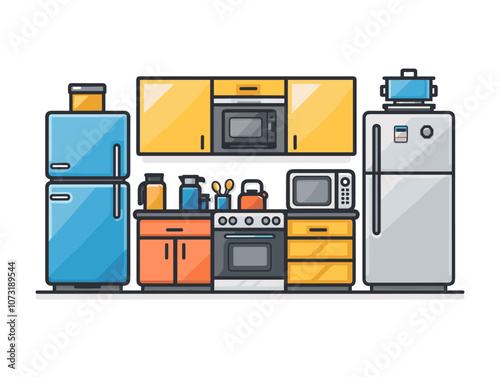 Kitchen interior with fridge, stove and oven. Vector illustration.