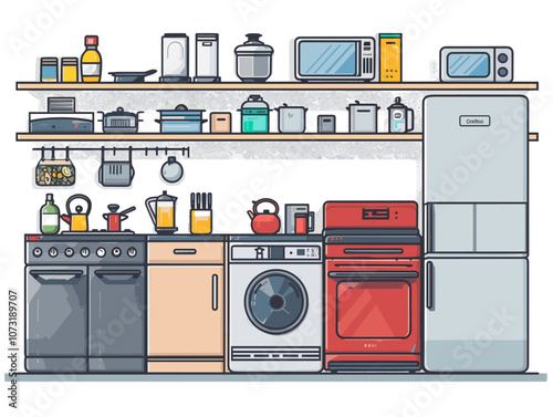 Kitchen interior with fridge, stove and oven. Vector illustration.