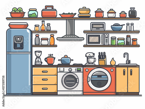 Kitchen interior with fridge, stove and oven. Vector illustration.