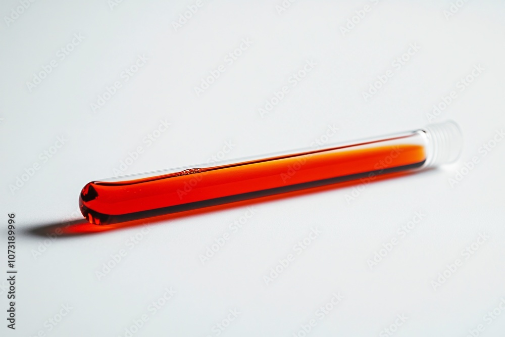 Laboratory test tube containing bright red liquid on a clean white surface during a scientific research session Laboratory test tube containing bright red liquid on a clean white surface during a scientific research session