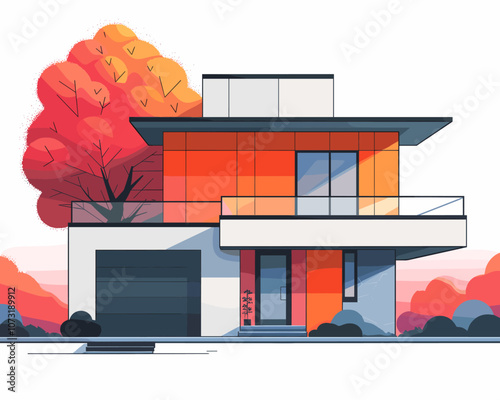 House with a tree in front of it. The house is orange and white. The tree is red and has leaves