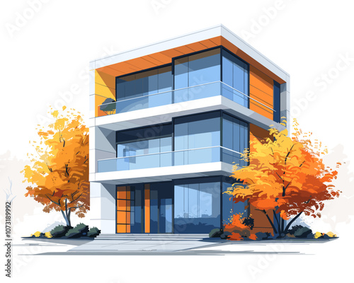 Tall building with a glass facade and orange trim. The building has a modern design and is surrounded by trees. The leaves on the trees are orange, which gives the building a warm and inviting feel