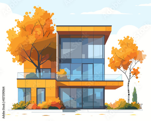 Large orange house with a tree in front of it. The house has a lot of windows and a balcony