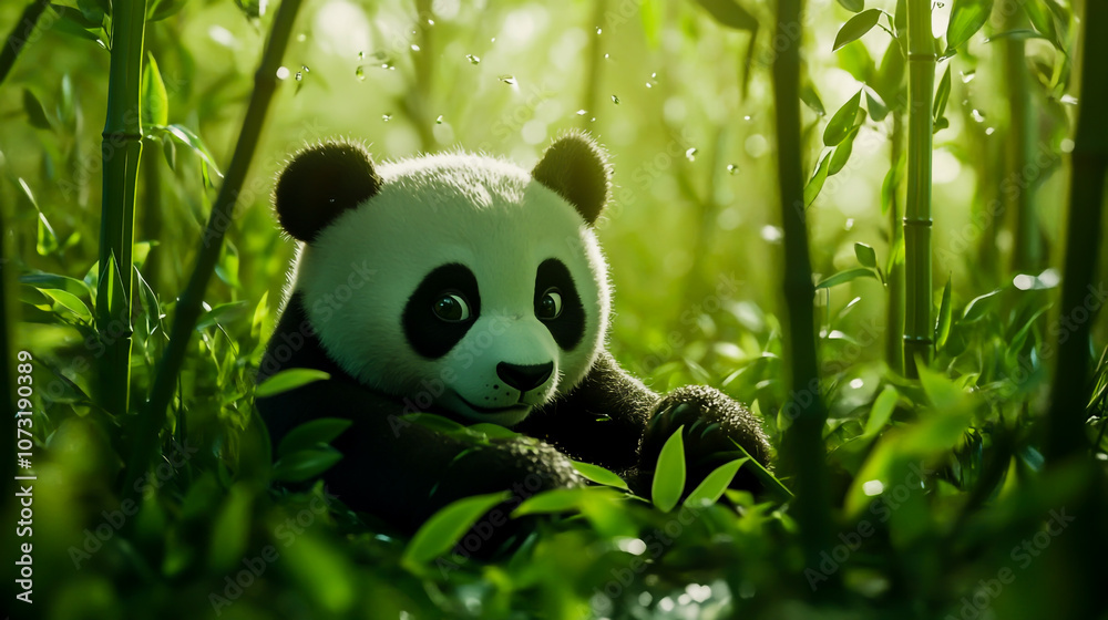 Serene Panda Relaxing on Bamboo in a Lush Green Forest, Captured in Cinematic Style with Natural Light Serene Panda Relaxing on Bamboo in a Lush Green Forest, Captured in Cinematic Style with Natural Light