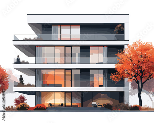 Tall building with a tree in front of it. The building has a lot of windows and balconies