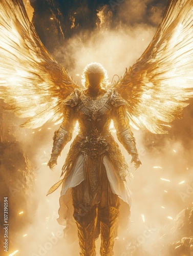 An epic angel in ornate armor, hovering in fog and light magic, cinematic and hyper-realistic with mythical details