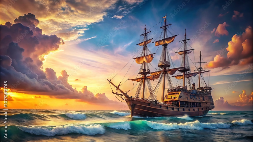 Captivating Pirate Ship in Flat Design Watercolor with Triadic Color Scheme: A Serene Side View on the Ocean Waves Captivating Pirate Ship in Flat Design Watercolor with Triadic Color Scheme: A Serene Side View on the Ocean Waves