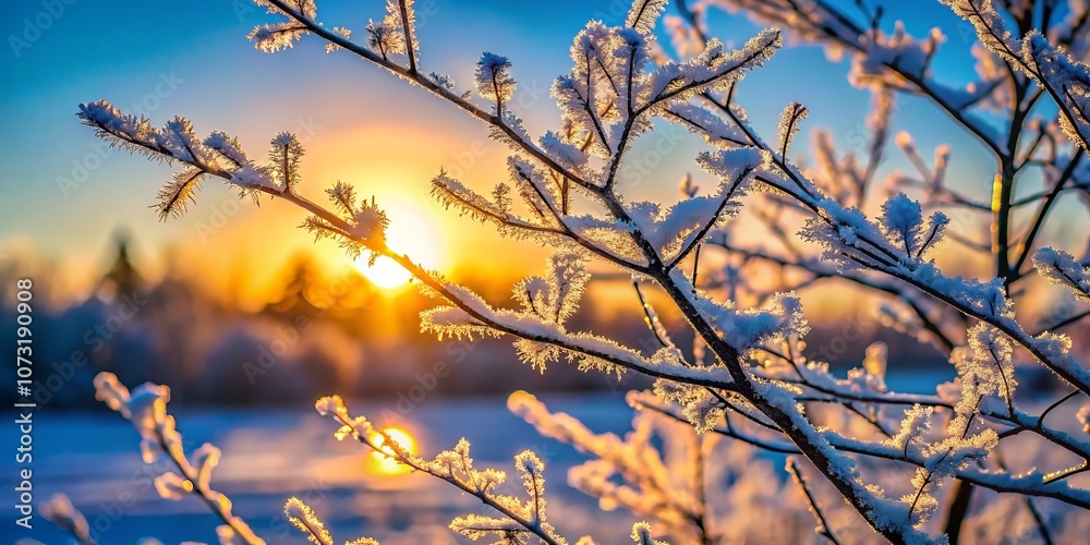 Captivating Silhouette of Frozen Branches Glimmering in Winter Morning Light, Showcasing Nature's Beauty and the Serenity of a Frosty Landscape