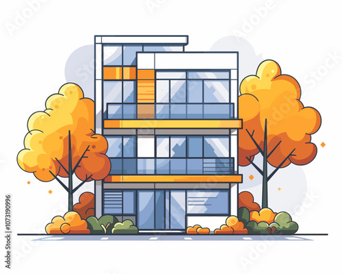 Large building with a glass facade and a balcony. The building is surrounded by trees with orange leaves