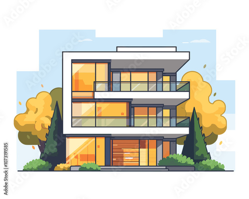 Large white house with a lot of glass windows and a balcony. The house is surrounded by trees and bushes