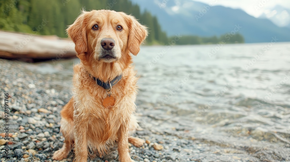 Obraz premium A golden retriever sits by a serene lake, surrounded by nature, its fur wet from water, with mountains in the background.