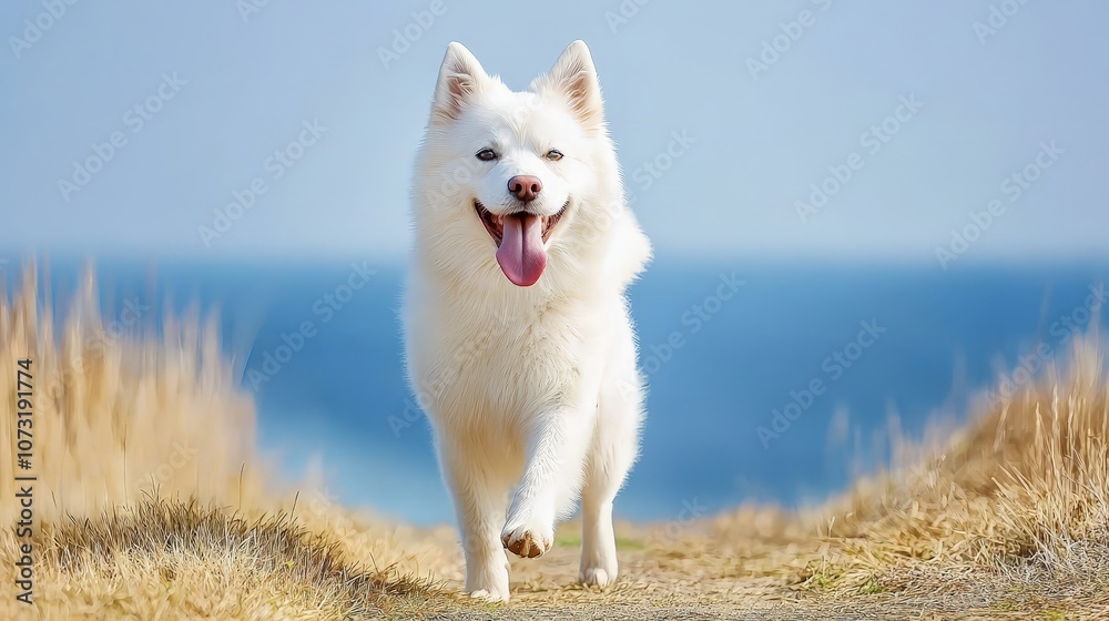 A fluffy white dog happily trots along a sandy path near the ocean, showcasing its playful nature and vibrant energy. A fluffy white dog happily trots along a sandy path near the ocean, showcasing its playful nature and vibrant energy.