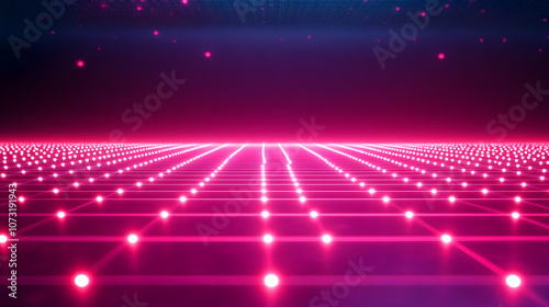 A glowing pink neon grid stretching into the horizon  creating a futuristic digital landscape with a retro aesthetic.