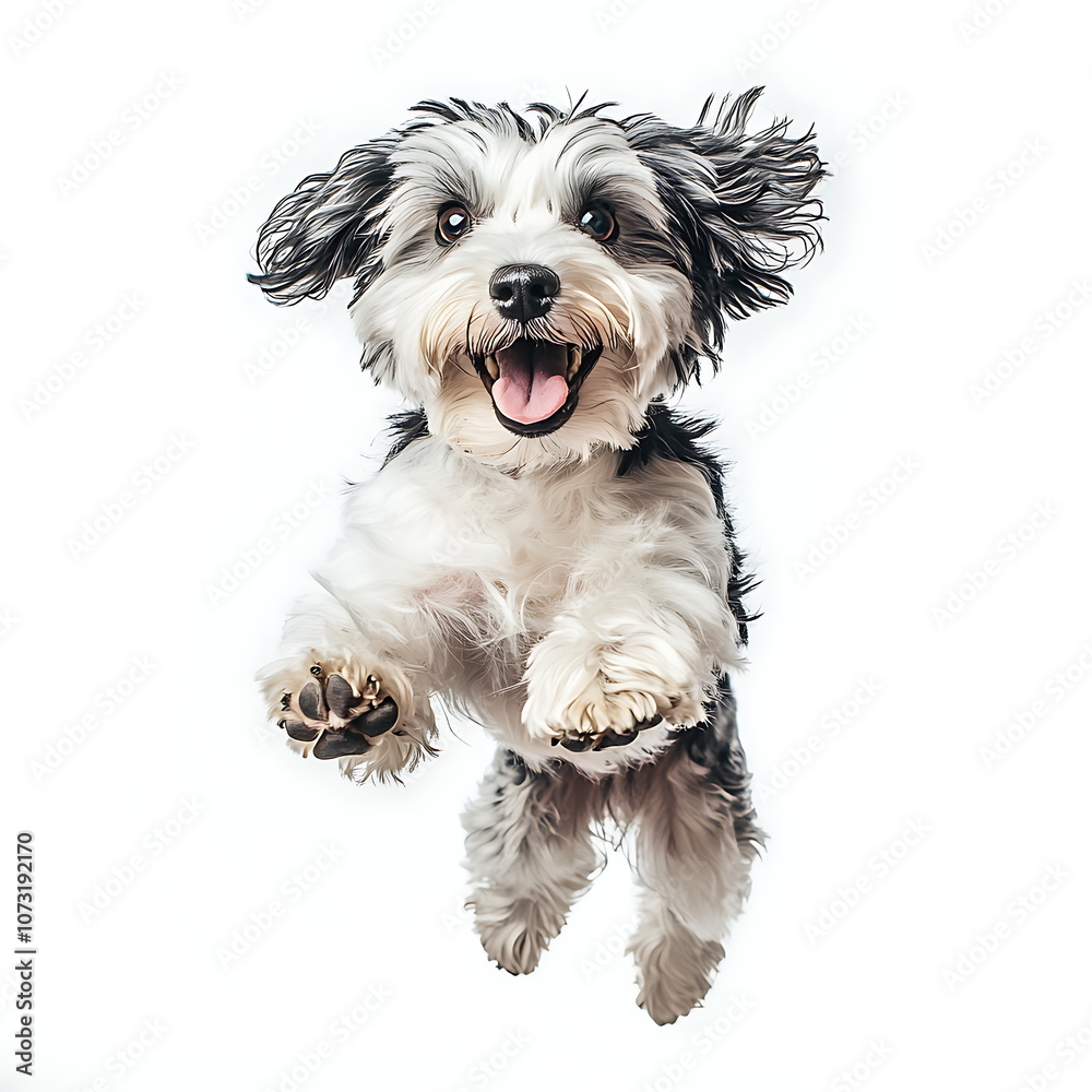 A cute Havanese dog jumping with a happy face A cute Havanese dog jumping with a happy face