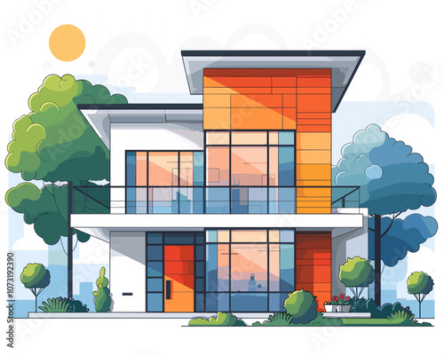 Large orange house with a white trim sits in front of a green tree. The house has a lot of windows, and the sun is shining on it. Scene is bright and cheerful