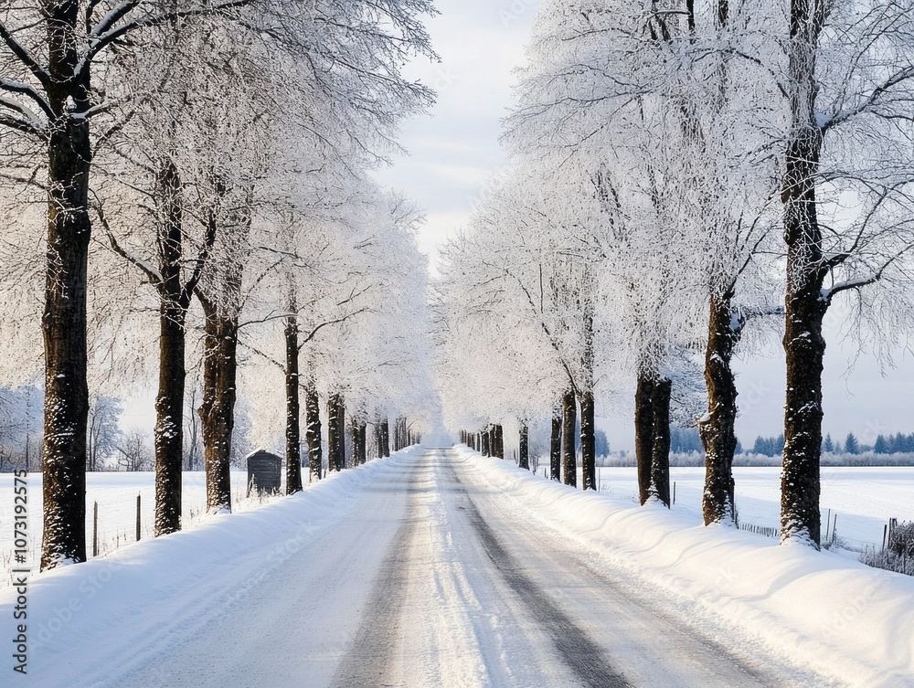 Snowy Road Lined with Frosted Trees in a Winter Landscape Snowy Road Lined with Frosted Trees in a Winter Landscape
