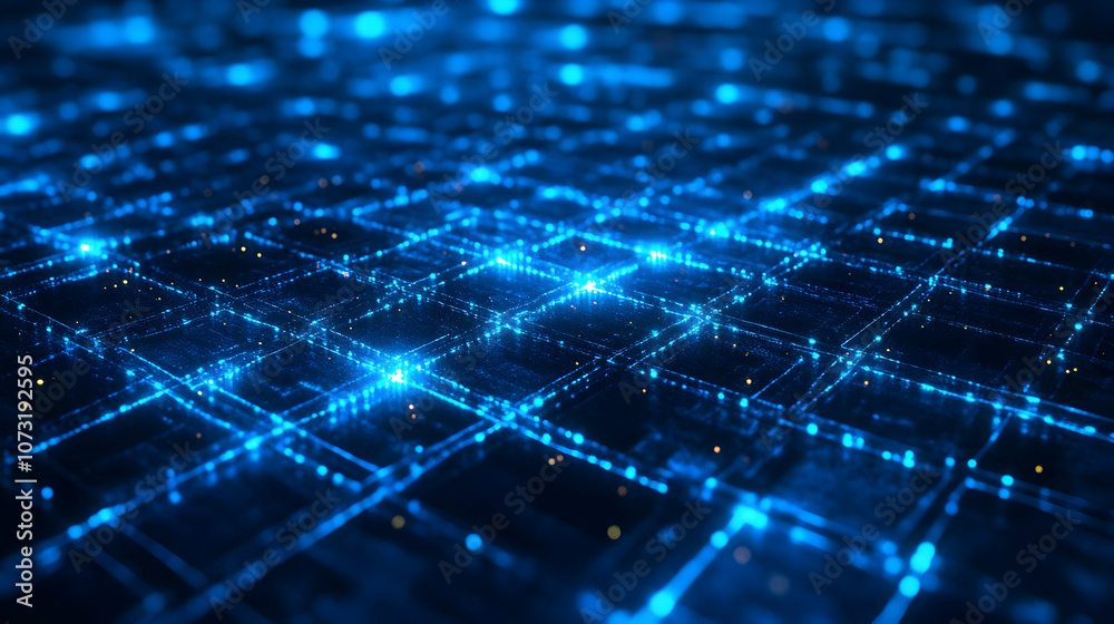 Obraz premium A detailed blue neon grid with glowing intersections, forming a high-tech digital floor design.