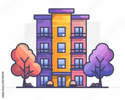 Colorful apartment building with a tree in front of it. The building has a yellow and pink facade