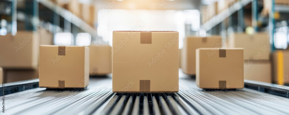 Closeup of cardboard boxes moving on a conveyor belt in a warehouse fulfillment center Closeup of cardboard boxes moving on a conveyor belt in a warehouse fulfillment center