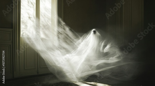 Eerie ghost floating out of deep shadows, semi-transparent with a soft glow, wisps of fog swirling around in a mysterious scene