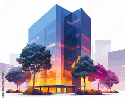 Tall building with a large glass window and two trees in front of it. The trees are in the foreground and the building is in the background. The sky is blue and the sun is setting