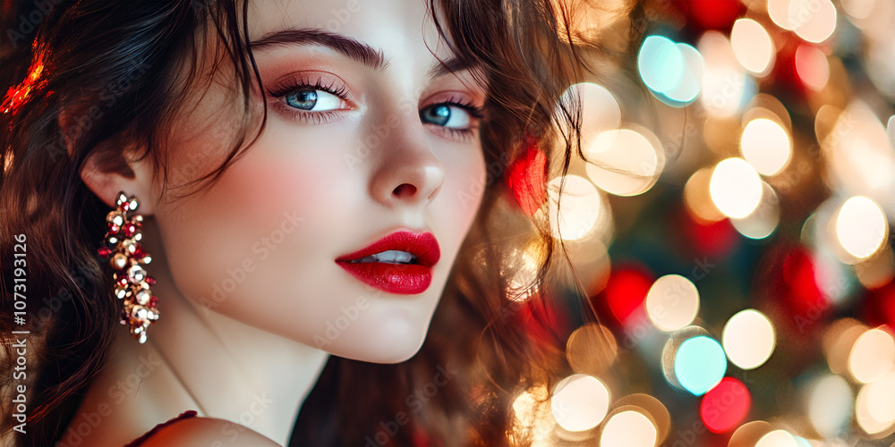 A beautiful portrait of a beautiful girl in earrings on a New Year's background A beautiful portrait of a beautiful girl in earrings on a New Year's background