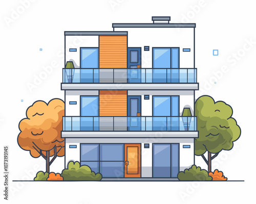 Large white building with a balcony and a tree in front of it. The building has a modern design and is surrounded by greenery