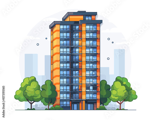 Tall building with a lot of windows and a green tree in front of it. The building is orange and has a modern look