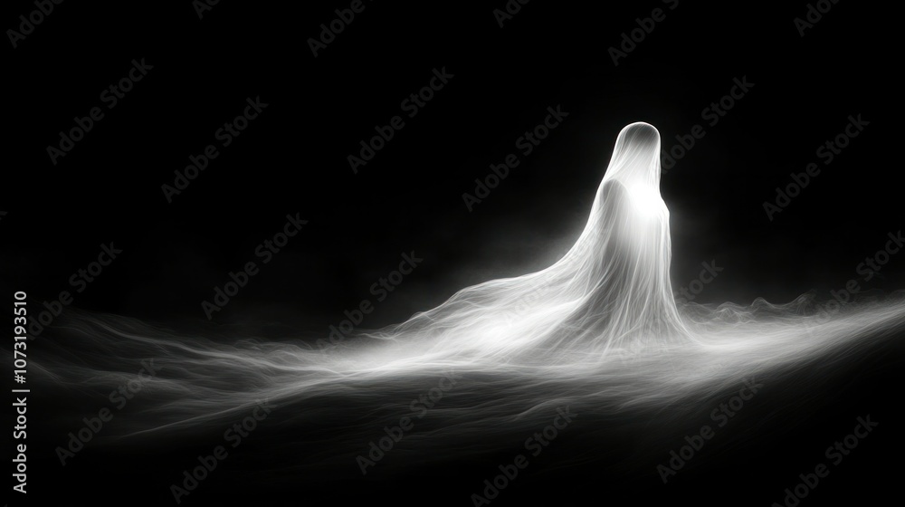 Ghostly apparition floating out of shadows, soft glow illuminating the misty surroundings in a chilling, mysterious way Ghostly apparition floating out of shadows, soft glow illuminating the misty surroundings in a chilling, mysterious way