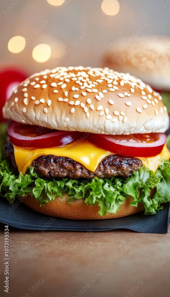 Delicious Cheeseburger with Fresh Ingredients, Served on a Rustic Table, Festive Bokeh Background. Delicious Cheeseburger with Fresh Ingredients, Served on a Rustic Table, Festive Bokeh Background.