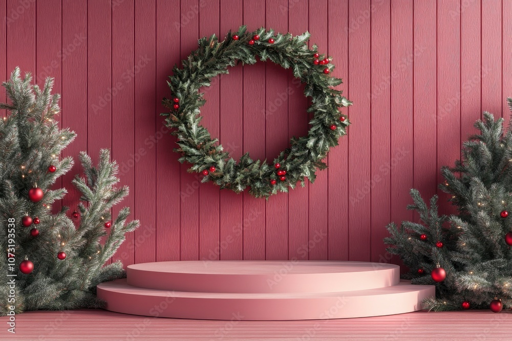 3d rendering of festive background with Christmas wreath and garlands. Modern minimalist podium, showcasing product presentation and advertising. Happy new year wit generative ai 3d rendering of festive background with Christmas wreath and garlands. Modern minimalist podium, showcasing product presentation and advertising. Happy new year wit generative ai