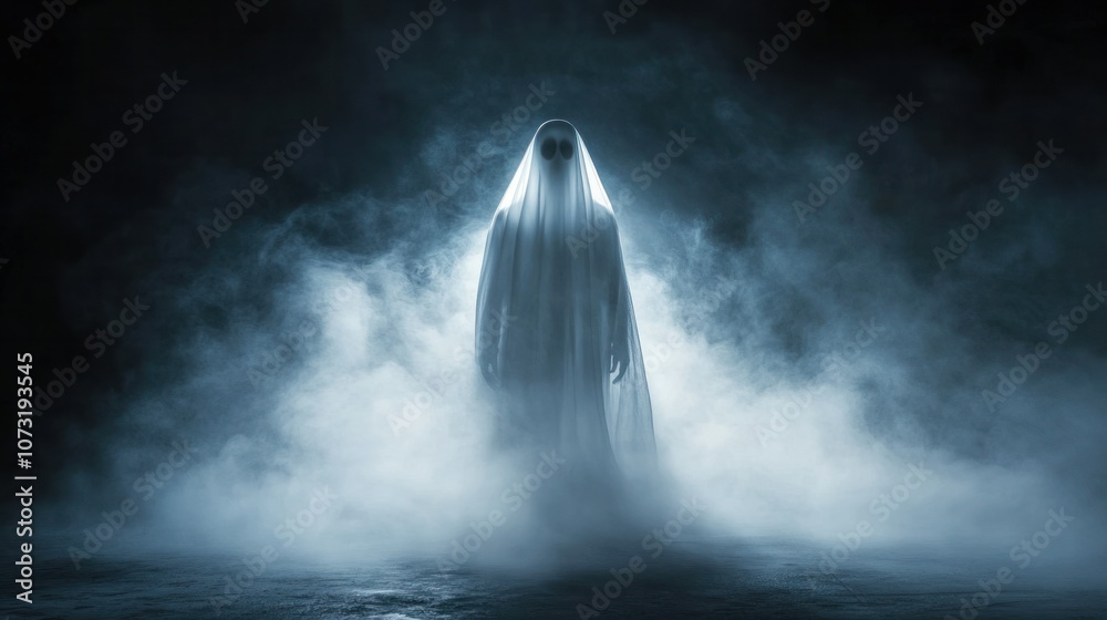 Ghostly apparition floating out of shadows, soft glow illuminating the misty surroundings in a chilling, mysterious way Ghostly apparition floating out of shadows, soft glow illuminating the misty surroundings in a chilling, mysterious way