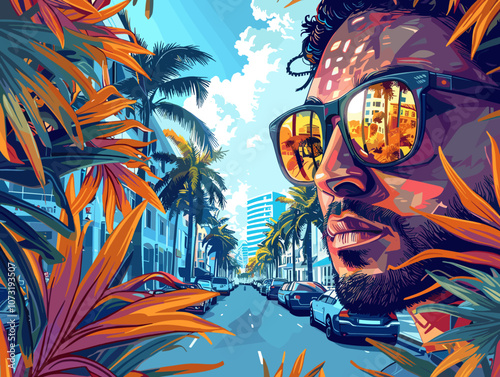 Man wearing sunglasses is standing in front of a palm tree. The man is wearing a pair of sunglasses and is looking at the camera. The background of the image features a city street with cars