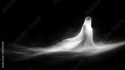 Ghostly apparition floating out of shadows, soft glow illuminating the misty surroundings in a chilling, mysterious way