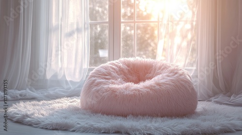 A fluffy pink bean bag chair sits on a white shag rug in front of a window with sunlight streaming in.