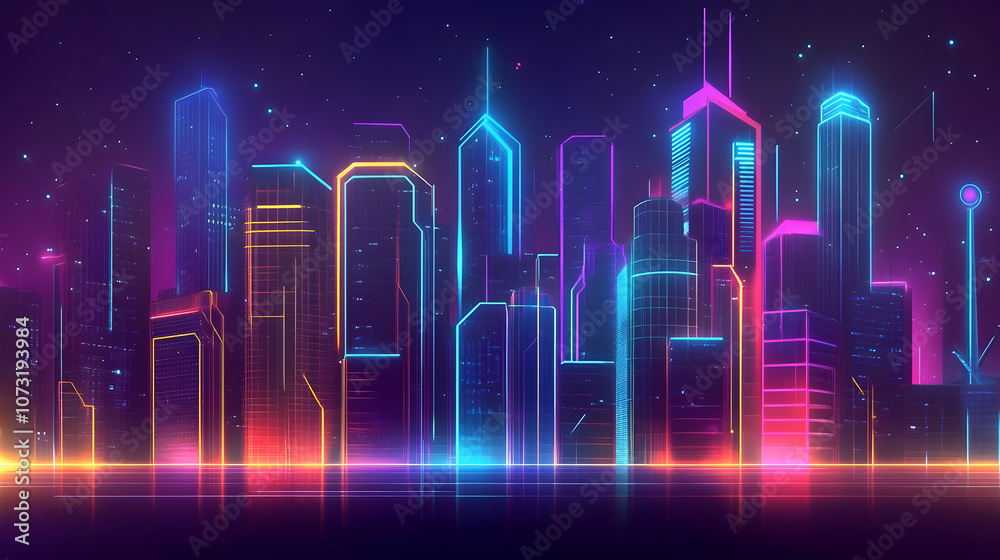 A futuristic neon skyline with glowing skyscrapers in blue and pink hues, showcasing a digital urban aesthetic. A futuristic neon skyline with glowing skyscrapers in blue and pink hues, showcasing a digital urban aesthetic.