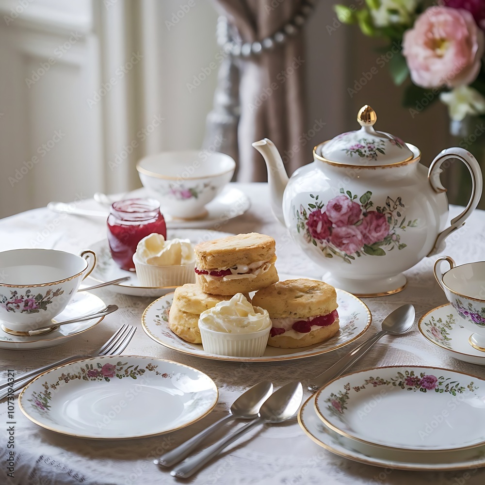 A classic English tea scene with scones, clotted cream, jam, and a floral teapot, arranged on a delicate table setting A classic English tea scene with scones, clotted cream, jam, and a floral teapot, arranged on a delicate table setting