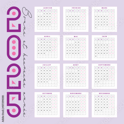 Calendrier 2025 violet et rose, Design Vectoriel de calendrier Français