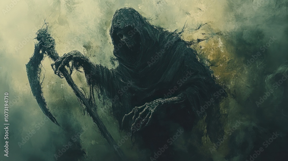 Grim reaper holding scythe with bony fingers, face hidden under hood, eerie mist and shadowy details, realistic art Grim reaper holding scythe with bony fingers, face hidden under hood, eerie mist and shadowy details, realistic art
