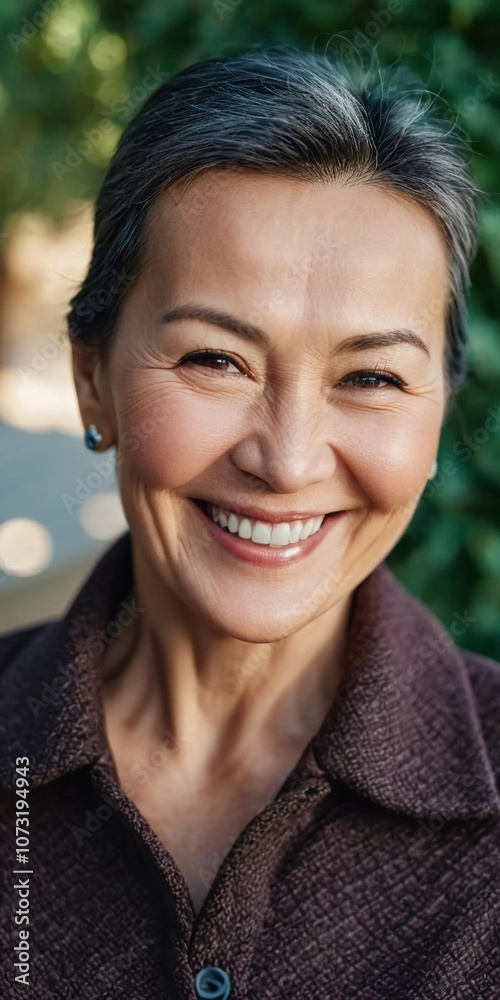 A cheerful woman 50 years old is enjoying a sunny afternoon in a park, showcasing her radiant smile and elegant pearl earrings as she embraces the moment. A resident of Kazakhstan. AI generated. A cheerful woman 50 years old is enjoying a sunny afternoon in a park, showcasing her radiant smile and elegant pearl earrings as she embraces the moment. A resident of Kazakhstan. AI generated.